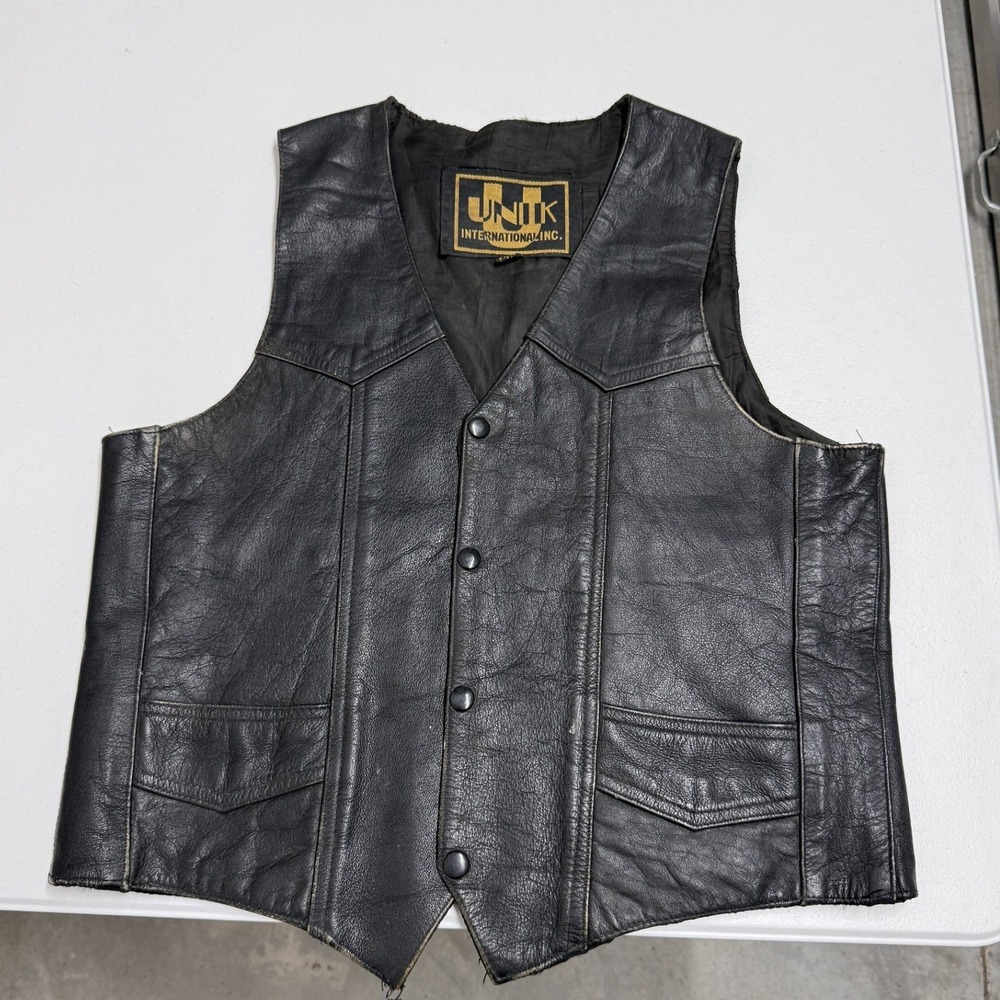 Unik Leather Vest Mens 40 Black Fair Harley Davidson Patch Distressed Biker Moto